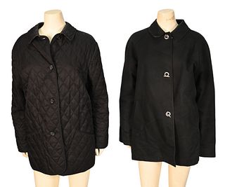 Two Burberry Coats, to include black quilted coat with classic plaid lining and black cotton coat with front toggle closure, both having make-up marks