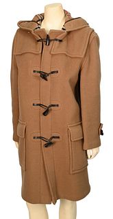 Vintage Burberry Camel Toggle Coat, having classic Burberry wool camel with toggle closure, plaid lining, large patch pockets and hood, normal wear, s