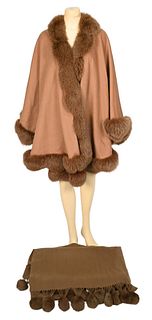Two Piece Lot to include, David Leinoff fur trimmed brown cape, along with pom pom trimmed shawl, good condition, normal use, one size.