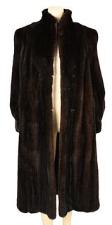 Brown Mink Full Length Coat, B. Smith and Sons, NY, having small stand up collar, banded cuffs and front slip pockets, fur is supple, size S/M.