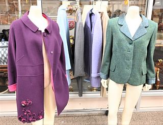 Eight Piece Lot by Italian Designer Juanita Sabbadini, to include a baby blue coat; lavender jacket; purple wool blend jacket; grey suit, jacket and p