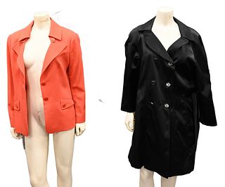 Four Piece Lot of Escada Blazers, along with a black satin trench, to include double breasted trench coat; orange blazer; along with a teal and blue g