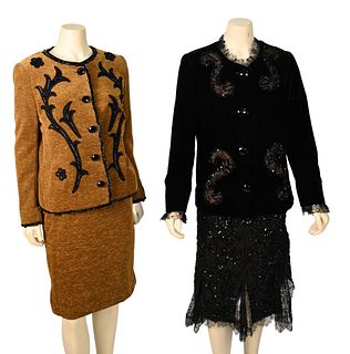 Vintage Givenchy Couture Black Evening Suit and Brown Chenille Suit, to include black velvet sequin beaded jacket having lace trim and lace/sequined s