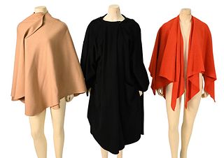 Three Wool Wraps, to include a black wool/cashmere blend cape by Hourihan; orange wool wrap; along with a tan wool wrap; one size, good condition, no 