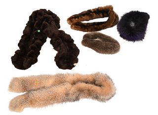 Six Piece Lot of Fur Fashion Accessories, to include purple fox headband, (possibly) coyote collar, brown ruffled rabbit neck piece, raccoon ear muffs
