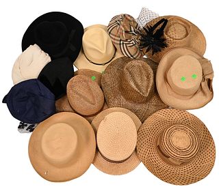 13 Piece Lot of Vintage and Contemporary Hats, to include womens vintage, mens Cavanaugh Boater, classic Burberry (size 5), straw cowboys, etc., vario
