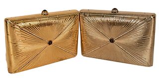 Two Judith Leiber Starburst Box Minaudiere Evening Bags, one in gold and one in silver with jewels.