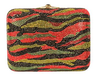 Judith Leiber Clutch Purse, having multicolor jewels and gold interior.