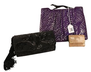 Three Judith Leiber Pieces, to include black beaded clutch evening purse, purple lizard skin with greyhound top, along with a small tan lizard skin co