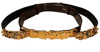 Two Judith Leiber Belts, one having enameled animal head clasp, along with one having masks.