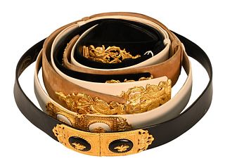 Group of Five Belts, to include two Judith Leiber belts, black, tan and white with matching belt buckles, along with a black and white having matching