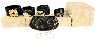 Five Piece Judith Leiber Group, to include black lizard skin clutch purse with jeweled clasp, four belts with large clasps, along with five original b