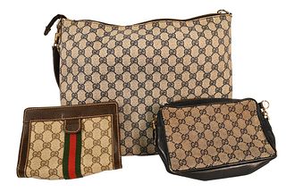  Three Piece Group, to include vintage Gucci logo bags and pouch, blue satchel with fabric handle, brown pouch with leather trim along with a small bl