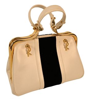Roberta di Camerino Black and White Leather Satchel, having velvet stripe, gold tone hardware, single compartment bag with two interior pockets and do