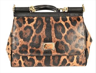 Dolce Gabbana Brown and Black Leopard Canvas Handbag, having fabric lined single compartment with zip and two slip pockets, fold over magnetic flap cl