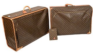 Three Pieces of Vintage Louis Vuitton Soft Side Luggage, large size, along with an address and telephone book, two large vintage suitcases, top handle