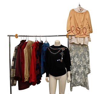 Group of Clothing, to include Yves Saint Laurent lined 3/4 sleeve jacket; six blouses; Bergdorf Goodman silk garden dress by Holly Harp, size large; E