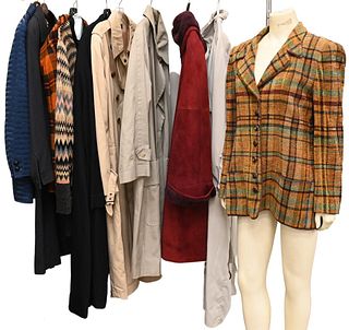 Group of 10 Coats and Jackets, to include Saks Fifth Avenue magenta sheepskin dramatic coat; Ramosport; Jaeger and Searle raincoat; Donna Karan coat; 