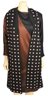 Hermes Dress and Knit Vest, black and brown jersey knit, zip back, ruched sleeve dress; along with a sleeveless knit vest with waist tie, size S/M, dr