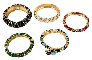 Group of Five Enameled Bracelets, to include Kenneth Lane enameled snake bracelet, green enameled bracelet, NLH enameled bracelet, white enameled brac