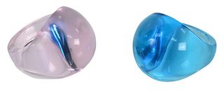 Two Cabochon Domed Lalique Glass Rings, to include blue and pink size 9.