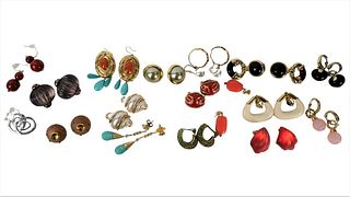 Group of 18 Pairs of Costume Jewelry Earrings, to include Cine red enameled; Fabrice, Paris carved lucite; ALEXIS BITTAR; Agatha, etc.