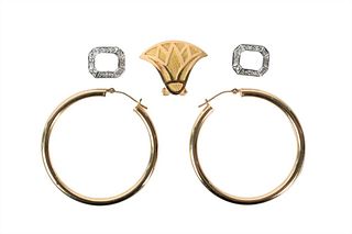 Group of 14 Karat Gold Jewelry, to include a pair of hoop earrings, clip, pair of white gold and diamond mounts, 12.6 grams.