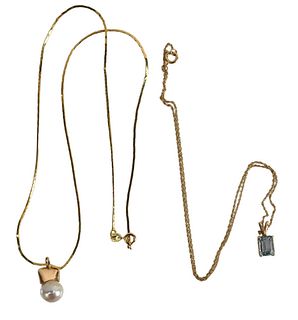 Two 14 Karat Yellow Gold Necklaces, one set with emerald cut aquamarine, one set with pearl, 6.7 grams total weight.