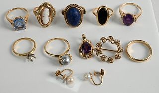 Group of 11 Pieces of Yellow Gold Jewelry, to include 10 karat yellow gold ring set with a cameo; 14 karat yellow gold ring set with aquamarine; 14 ka