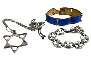 Sterling Silver Group of Jewelry, to include a Georg Jensen star pendant with chain; a Danish style bracelet; along with an enameled bracelet; 4.5 t.o