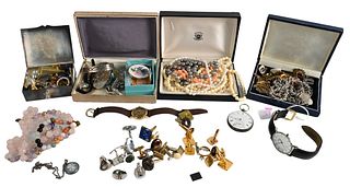 Group of Costume and Gold Plated Jewelry, to include cufflinks, medals, open face pocket watch, Crawford gentleman's wristwatch, Boccia gentleman's wr