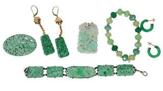 Six Piece Jade and Jadeite, to include two pairs of earrings, two carved pendants, a sterling silver mounted bracelet, along with a glass bead bracele