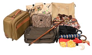 Miscellaneous Lot of Travel Accessories, to include shoe bag by Hartmann, umbrellas, horse cane, LeSportSac along with a soft side attache by Dakota, 