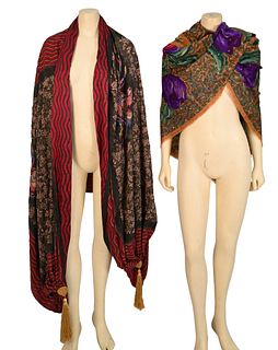 Two Piece Lot, to include Emanuel Ungaro Silk Asian Theme Shawl, having flying birds, stripes and flowers, voluminous shawl with balloon tassel ends; 