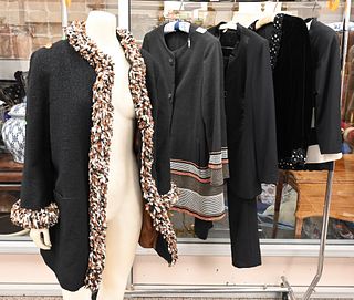 Seven Piece Lot by Italian Designer Juanita Sabbadini, to include a black wool coat with embroidered trim; a black coat with yarn trim; a black tuxedo