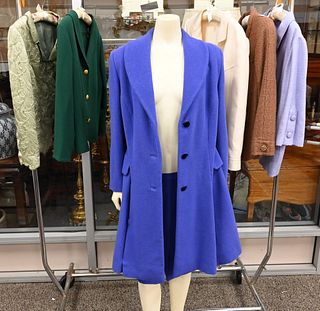 Eight Piece Lot by Italian Designer Juanita Sabbadini, to include a green brocade jacket; purple long coat and short skirt; purple linen 3/4 sleeve co