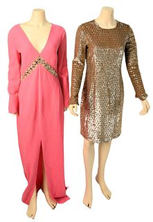 Two Michael Kors Evening Wear Dresses, to include gold and silver small sequin beaded long sleeve dress, size 10, new with tags; along with a pink lon