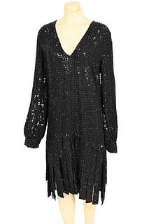 Michael Kors Evening Dress, heavily beaded with sequins, long sleeves, car wash flap, bottom evening dress, having plunging v-neck, zip back closure, 