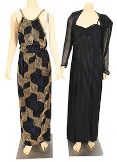Two Beaded Evening Gowns, to include a sleeveless gold, black and blue beaded long gown, size 8, back beaded; along with a back beaded, long bra top g