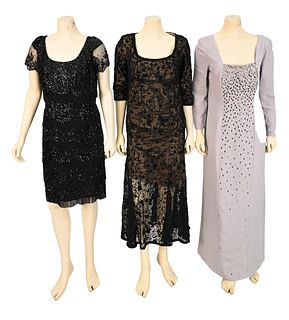 Three Piece Lot of Beaded Evening Wear, to include a long, grey gown by Dominique Sirop; a beaded short dress (no label); along with a black sequin an