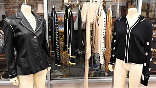 11 Piece St. John Designer Lot, to include a black leather jacket, two piece sets (tank tops and sweaters), pant suit, along with others, mostly Marie
