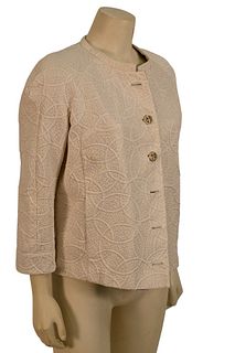 Chanel Evening Jacket, ivory brocade evening jacket having side slip pockets, six Chanel gold tone bird buttons, along with scoop neck, size M/L, good