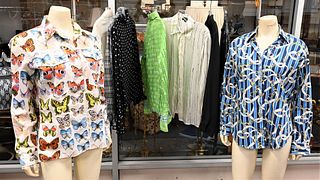 Nine Piece Lot of Designer Blouses and Shirts, designers include OGGI, Anne Fontaine, Versace, Shanghai Tang, Armani, along with others, silk and cott