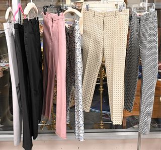 Seven Pairs of Designer Pants, designers include Hermes, Chanel, Etro, Gucci, Prada, and Celine, inseams 25 - 27 inches, waists 30 - 32 inches, in goo