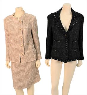 Three Piece Chanel Lot, to include jacket and suit, to include a classic black jacket with embroidered rosette trim along with a tan woven linen blend