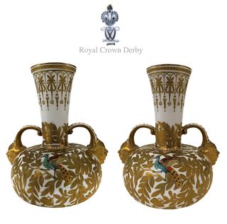 A Pair of Royal Crown Derby Hand Painted Vases, 19th C.
