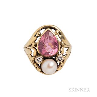Attributed to Frank Gardner Hale, Arts and Crafts Gold, Pink Tourmaline, Pearl, and Diamond Ring