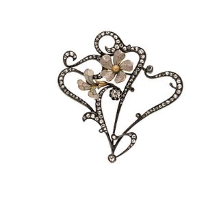 Art Nouveau Plique-a-Jour Enamel and Diamond Pendant/Brooch