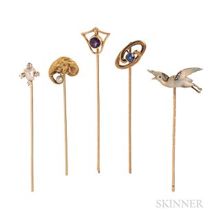 Five Antique Gold Gem-set Stickpins