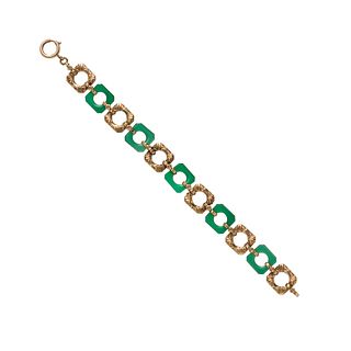 Art Deco 14kt Gold and Dyed Green Chalcedony Bracelet